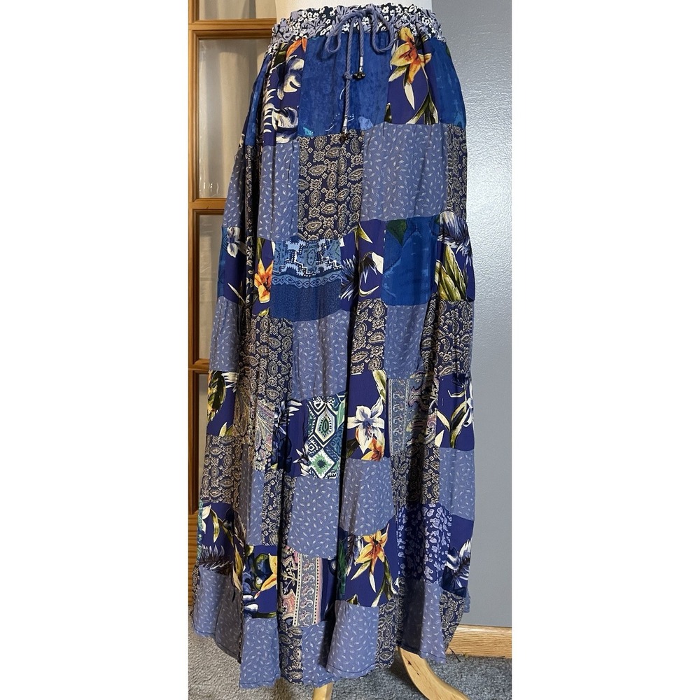 90s Raja Floral Patchwork Maxi Skirt Free Size Blue Beige Drawstring Cottagecore